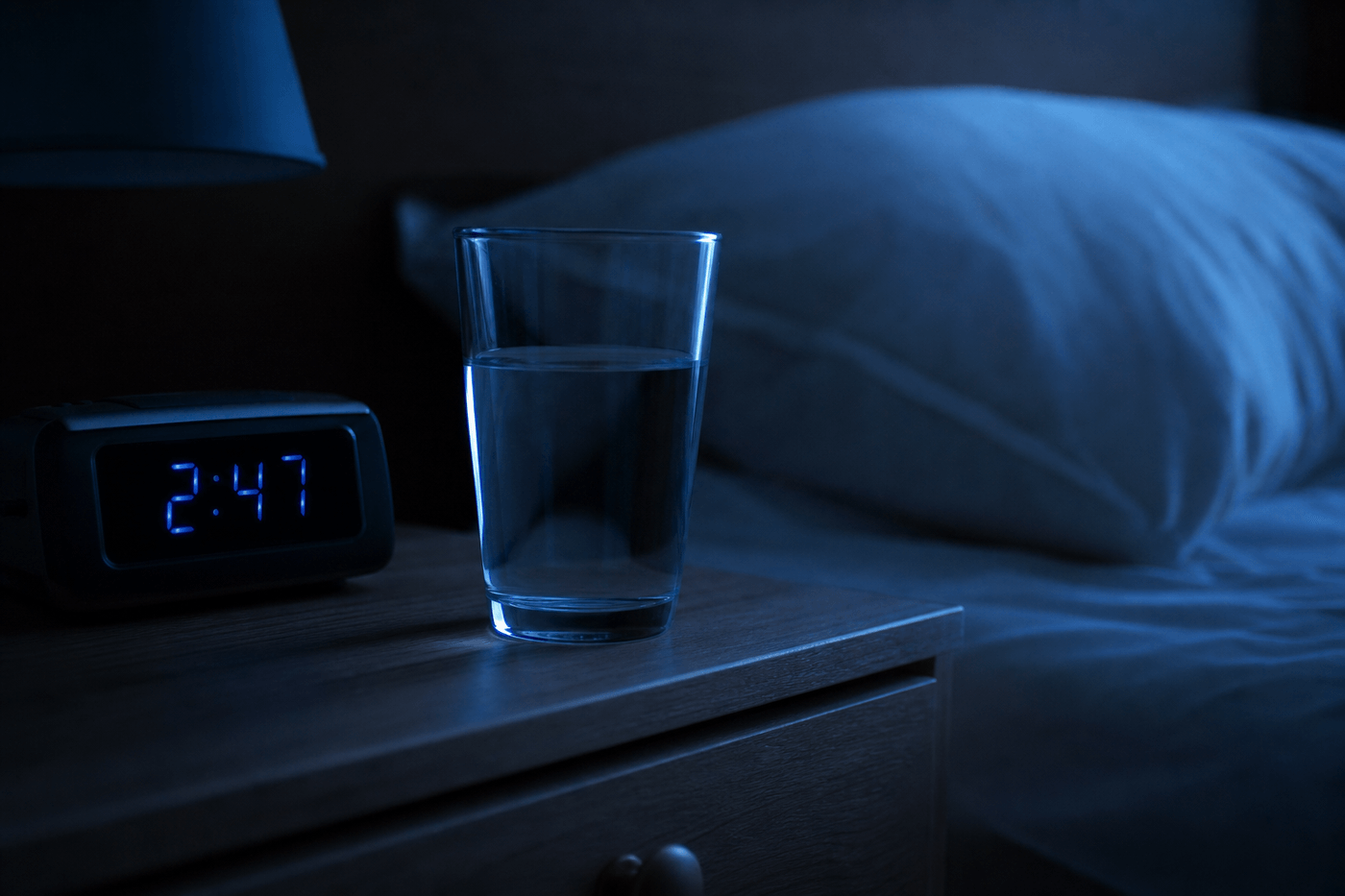 Verre d'eau posé sur une table de nuit à côté d'un réveil, dans une chambre plongée dans la pénombre