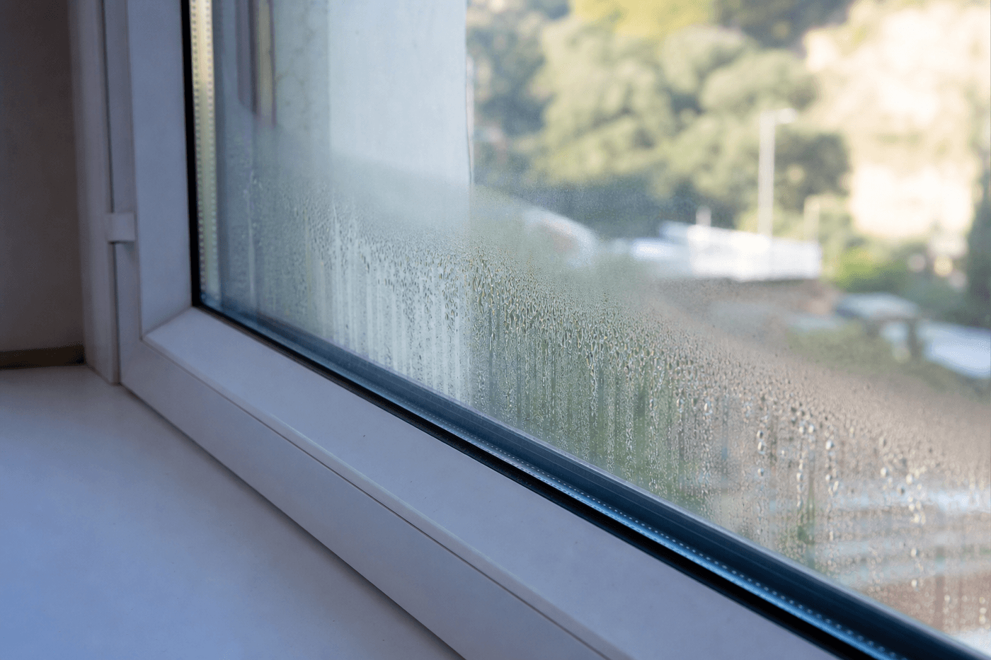 Fenêtre en double vitrage avec de la buée et des traces de condensation visibles entre les deux vitres