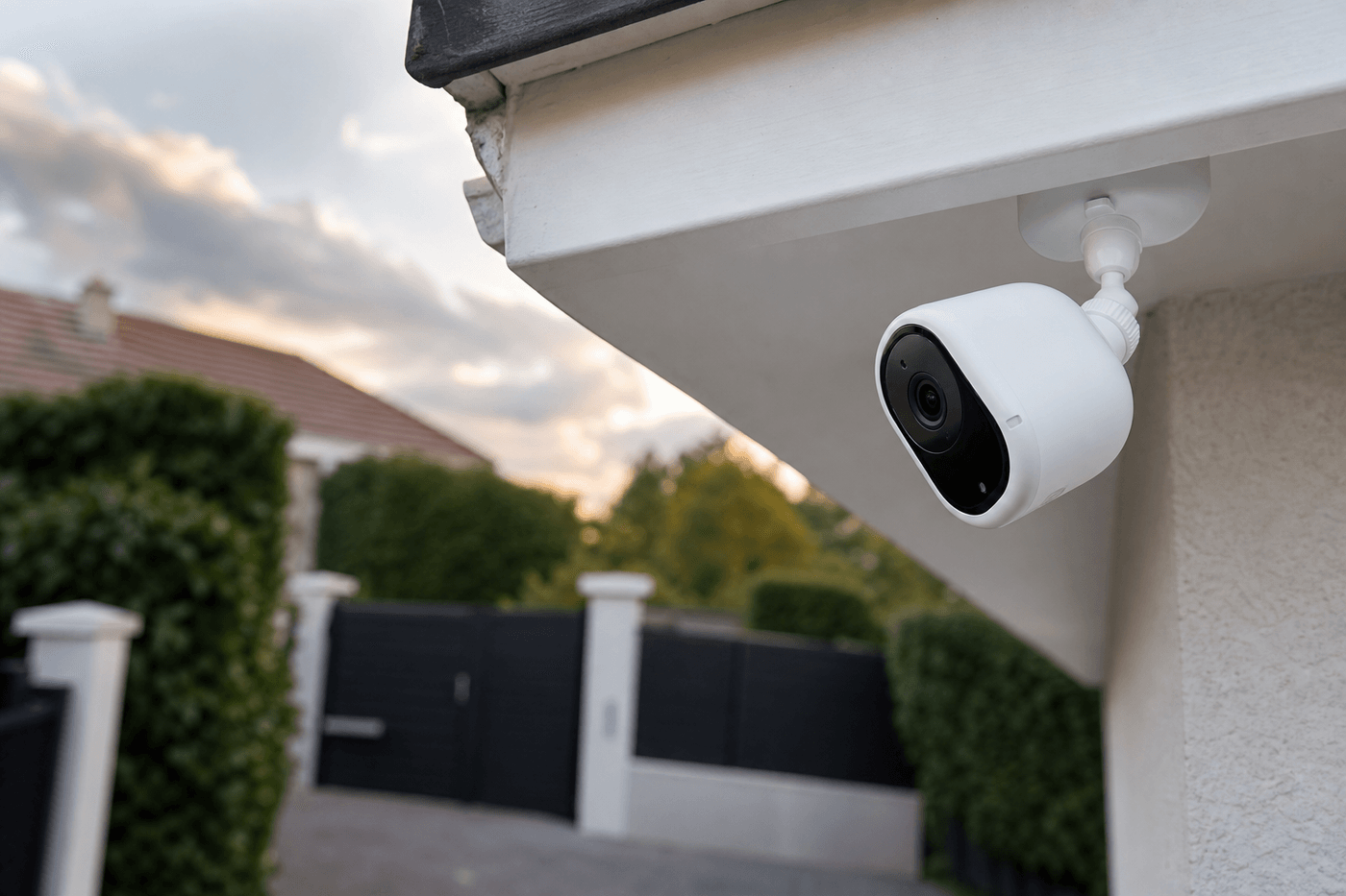 Caméra de surveillance blanche fixée sous l'avant-toit d'une maison, orientée vers l'allée et le portail