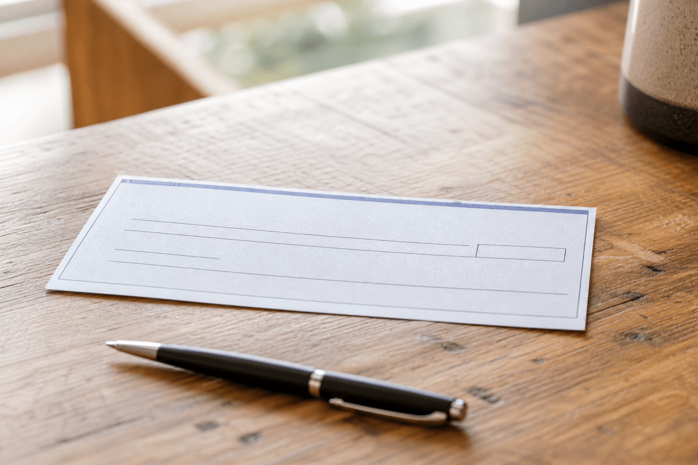 Un chèque bancaire et un stylo posés sur une table en bois