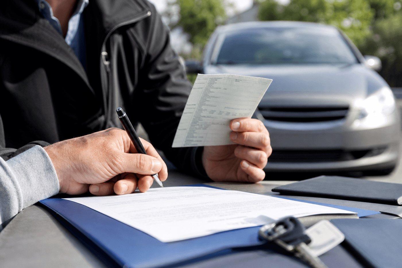 Une personne signe un certificat de cession de véhicule à côté d'une voiture d'occasion