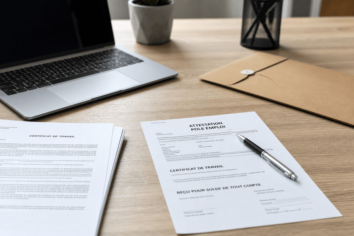 Un bureau avec des documents de fin de contrat de travail et un chèque de solde de tout compte