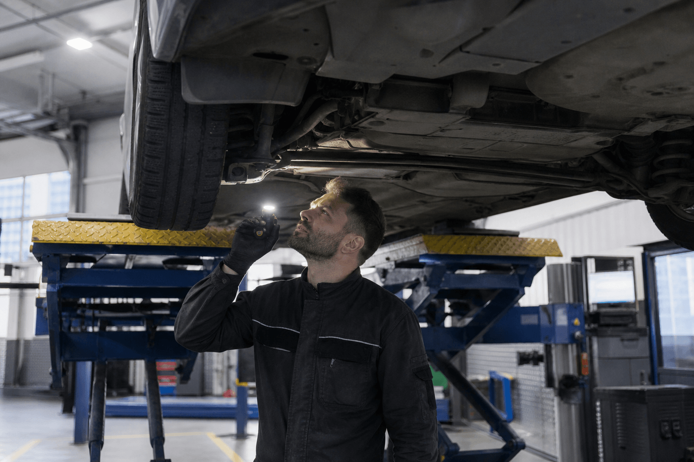 Voiture sur un pont élévateur dans un centre de contrôle technique, technicien en combinaison au travail