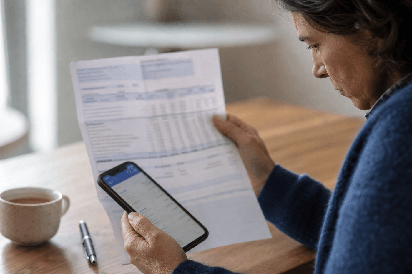 Personne examinant un relevé bancaire papier et l'application bancaire de son téléphone, assise à une table