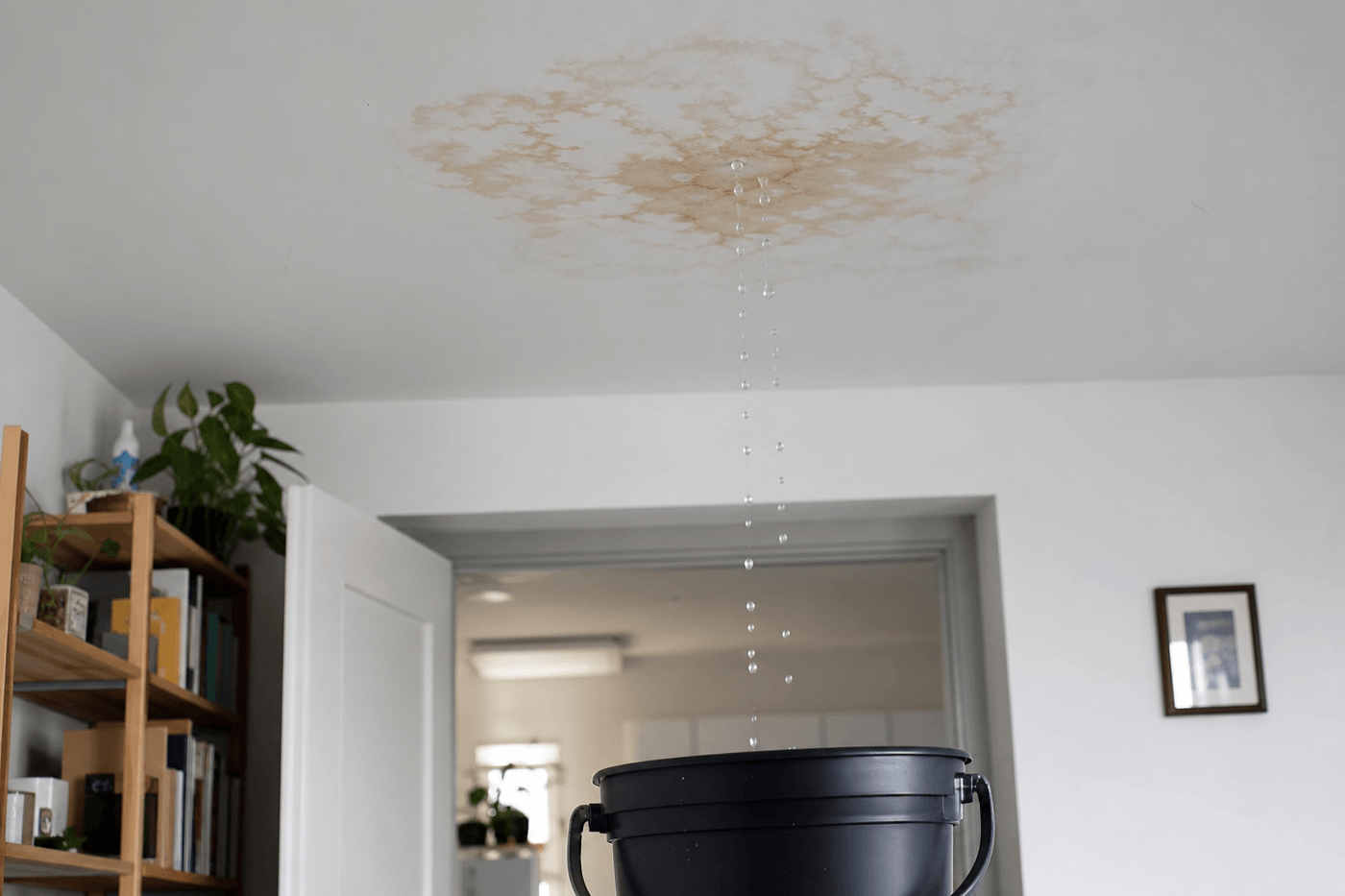 Une tache d'humidité et des gouttes d'eau sur un plafond de plâtre, signe d'un dégât des eaux