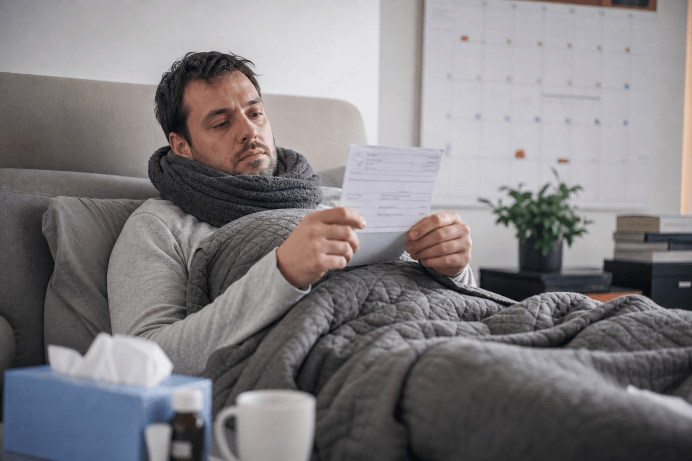 Une personne malade au lit consulte un arrêt de travail et un calendrier