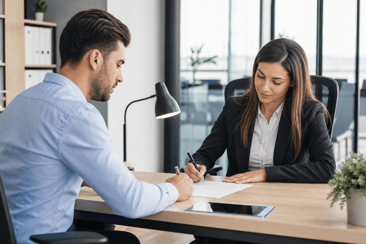 Un salarié signe un document avec son employeur dans un bureau