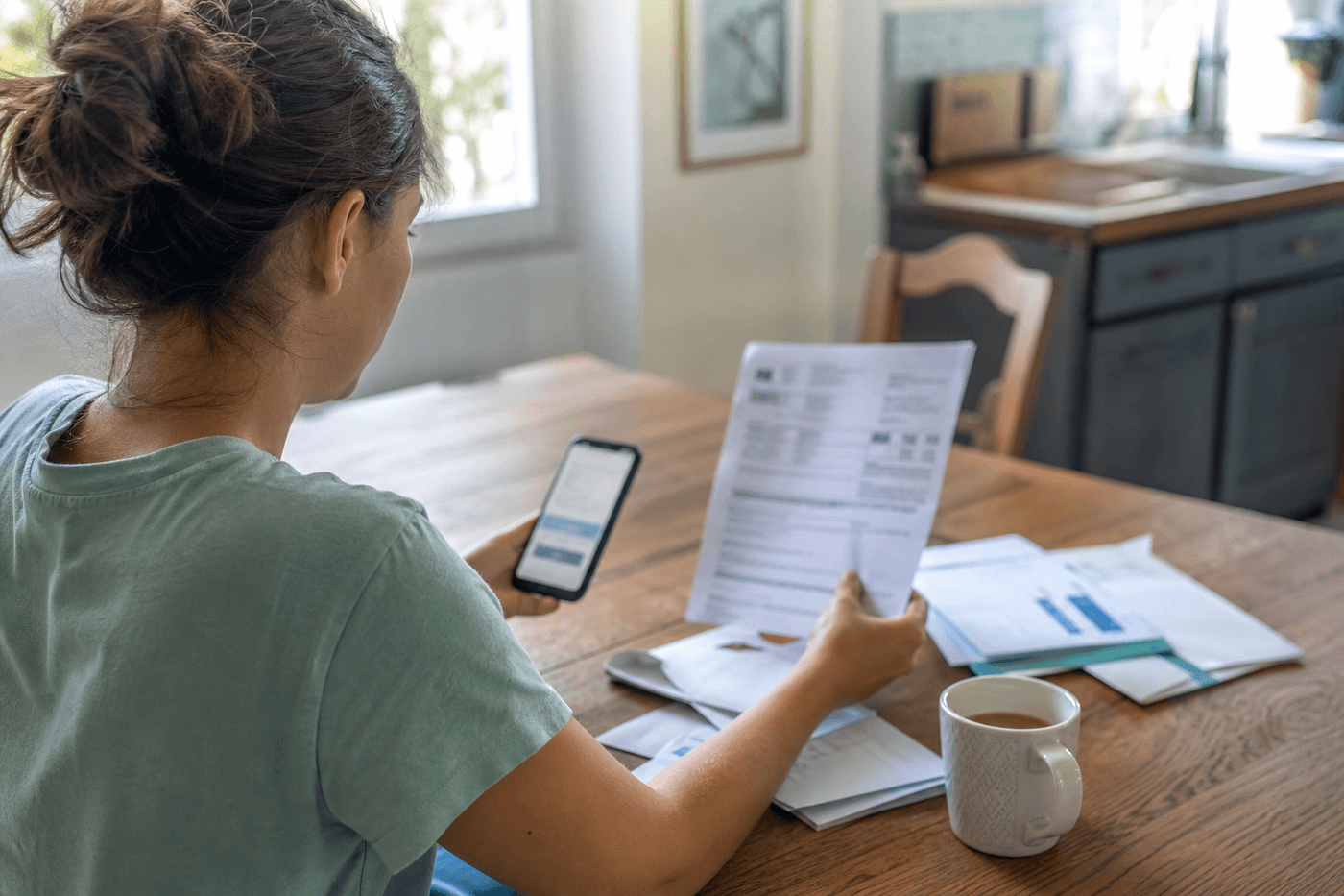 Personne assise à une table de cuisine, lisant un avis d'échéance d'abonnement tout en consultant un espace de résiliation sur son smartphone