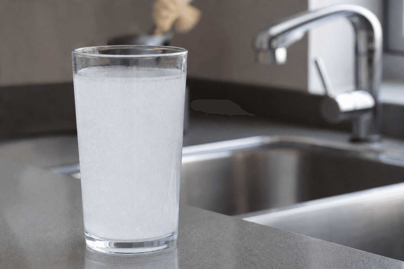 Verre d'eau du robinet trouble et laiteuse posé sur un plan de travail devant un évier de cuisine
