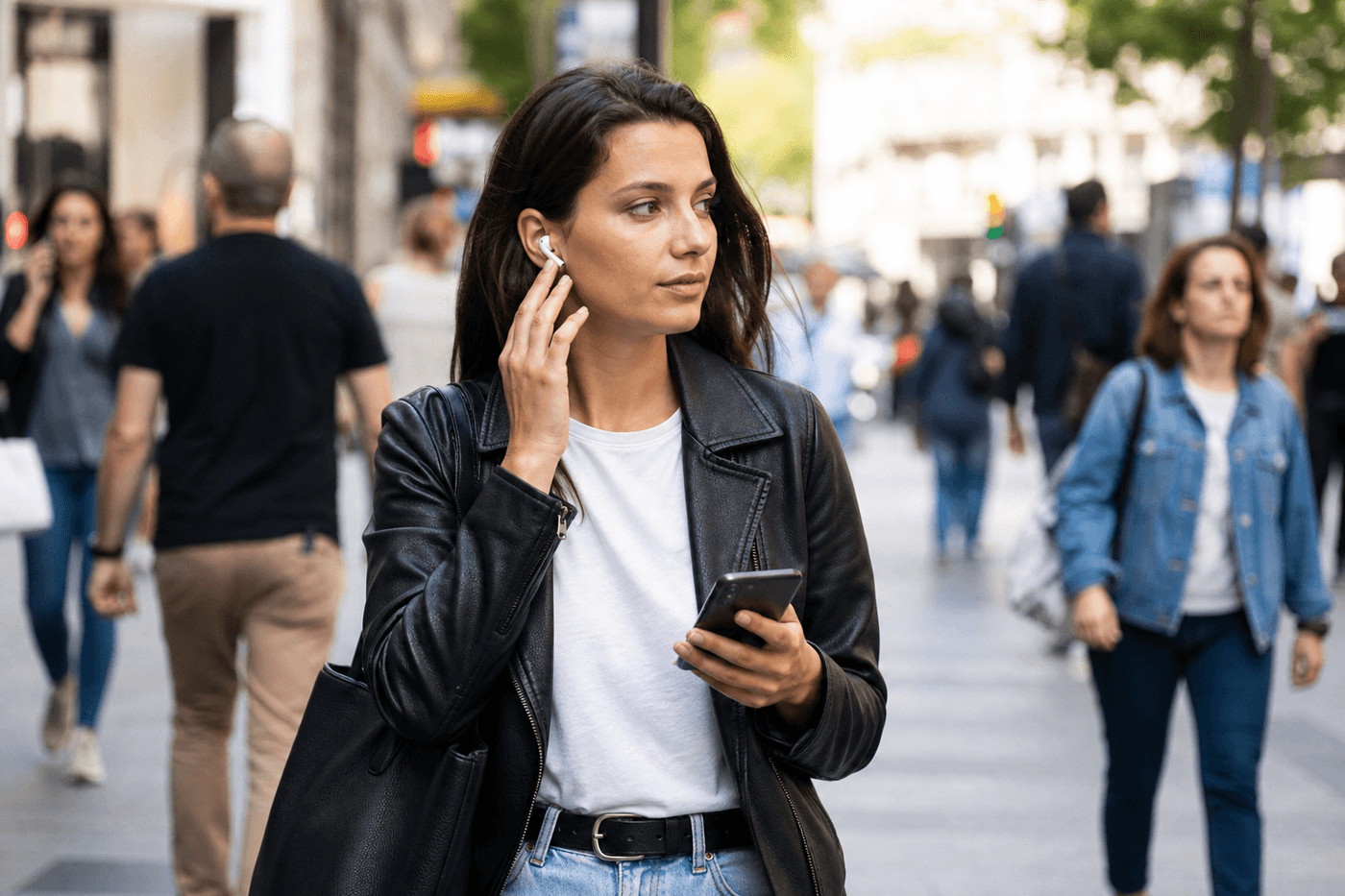 Personne portant des écouteurs sans fil dans la rue, une main proche de l'oreille, avec un smartphone dans l'autre main