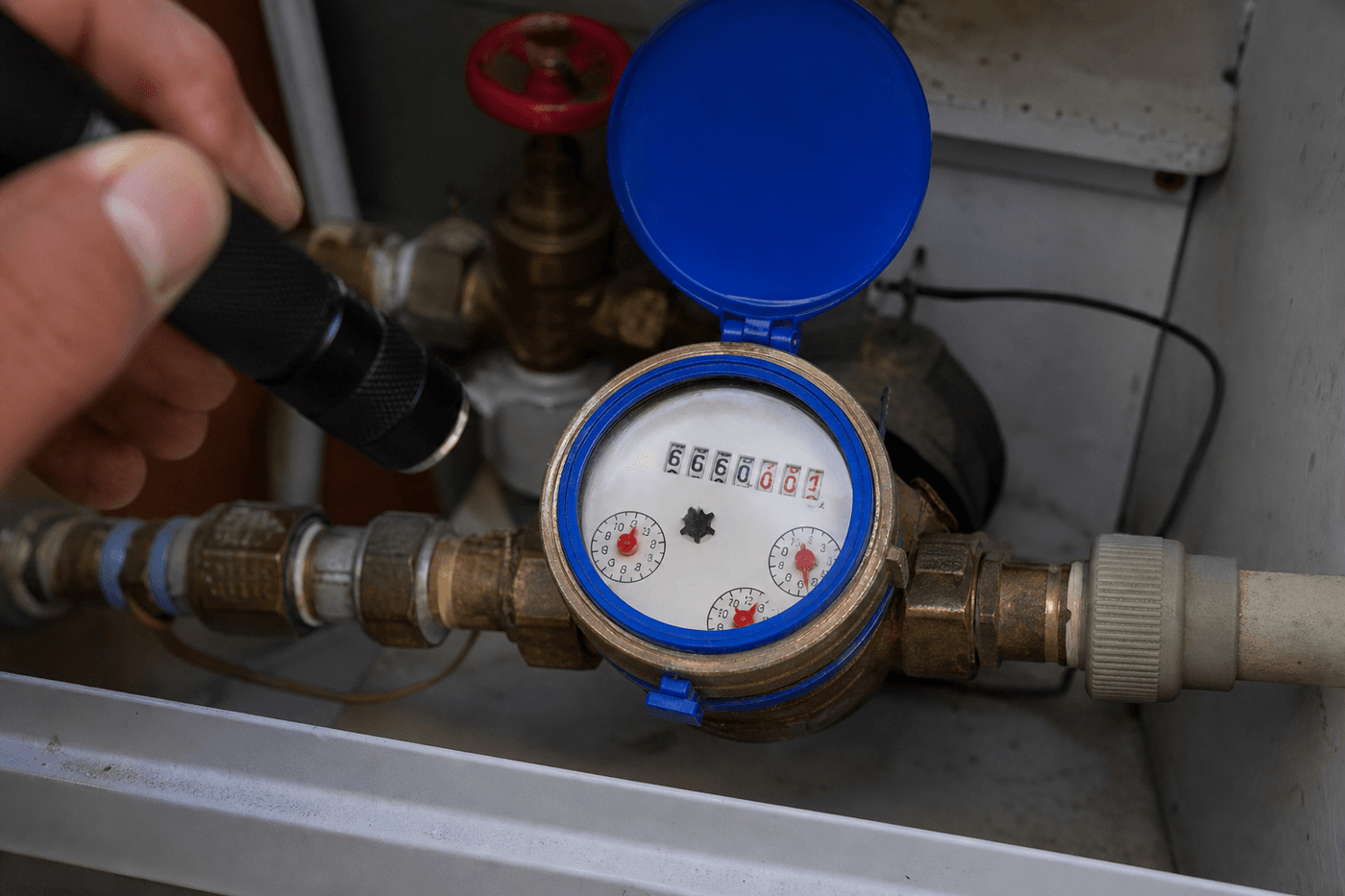 Relevé d'un compteur d'eau domestique à l'aide d'une lampe de poche, dans un placard technique