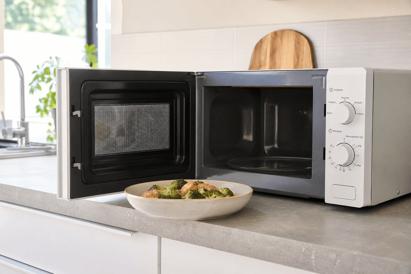 Four à micro-ondes ouvert dans une cuisine, avec un plat posé devant, éclairé par la lumière naturelle