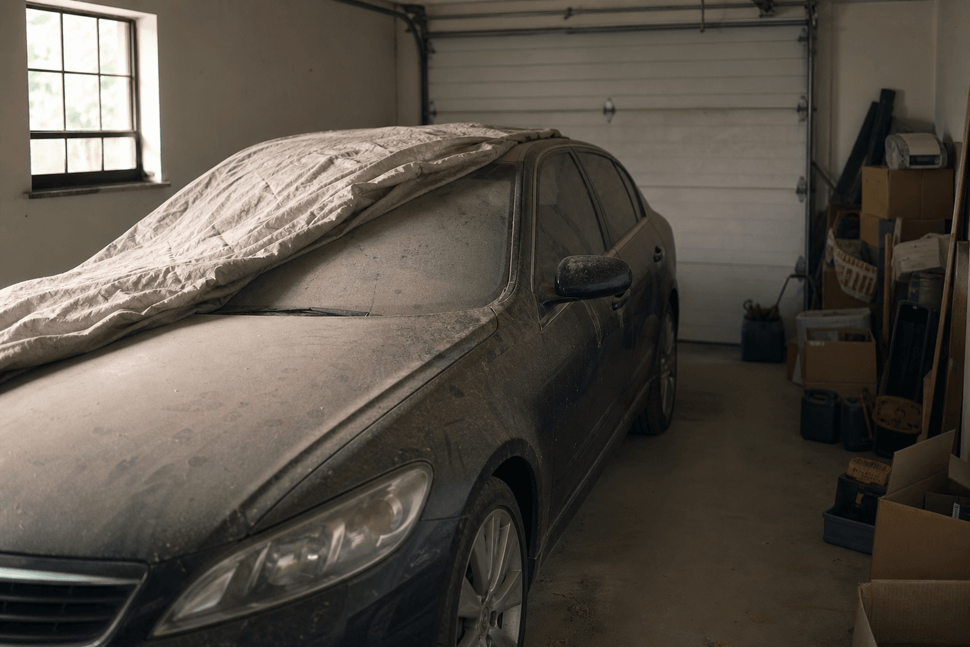Voiture couverte de poussière et d'une bâche repliée, garée depuis longtemps dans un garage domestique