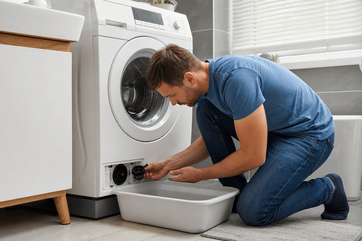 Personne agenouillée devant un lave-linge, vérifiant le filtre de vidange en bas de l'appareil avec une bassine à côté