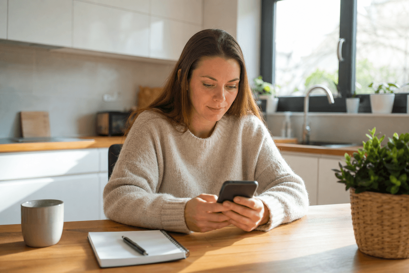 Une femme consulte son relevé de livret d'épargne sur son téléphone à la table de sa cuisine