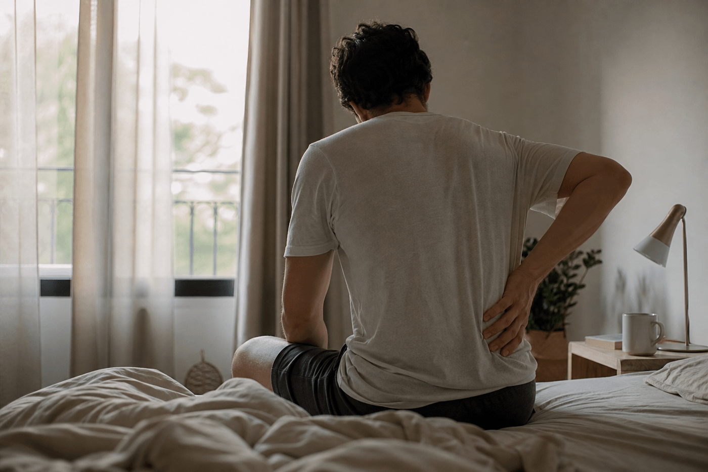 Personne assise au bord du lit le matin, main posée dans le dos au niveau des lombaires