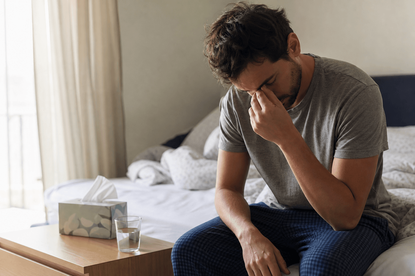Personne assise au bord de son lit au réveil, se pinçant l'arête du nez, mouchoirs sur la table de nuit