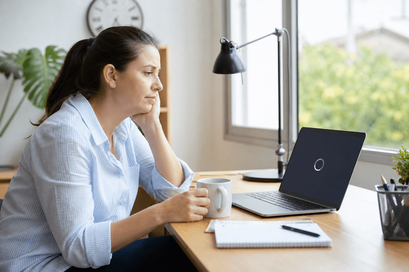 Personne assise à un bureau, l'air patient, devant un ordinateur portable ouvert affichant un écran de chargement