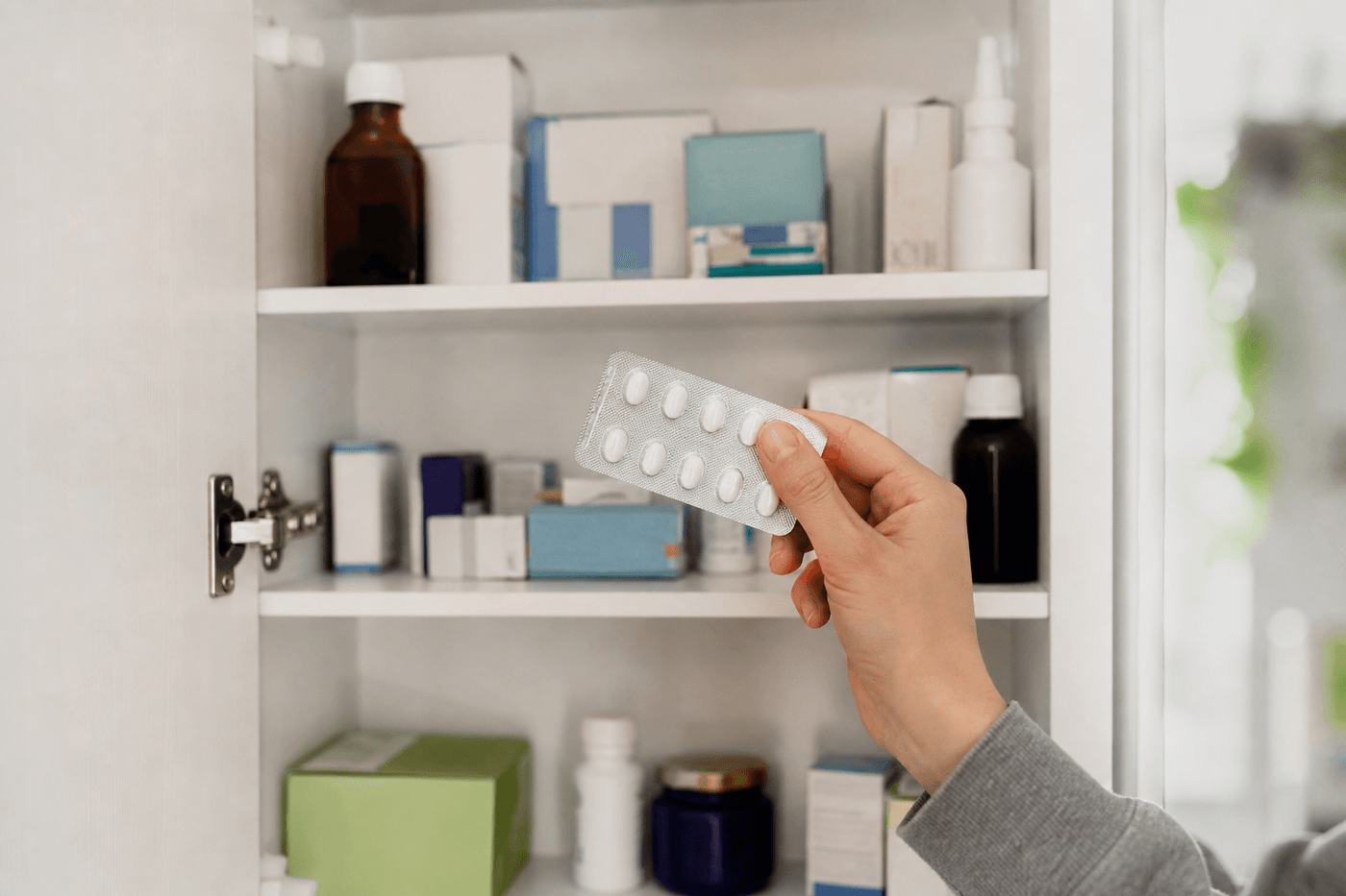 Main tenant une plaquette de comprimés devant une armoire à pharmacie domestique ouverte