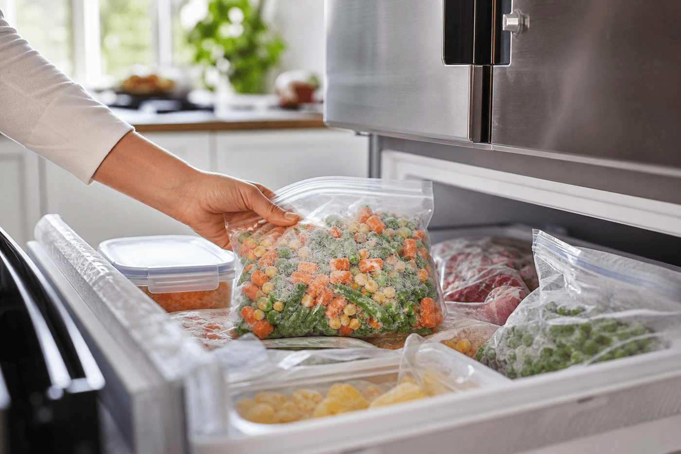 Tiroir de congélateur ouvert avec des aliments congelés, une main y déposant un sachet de légumes