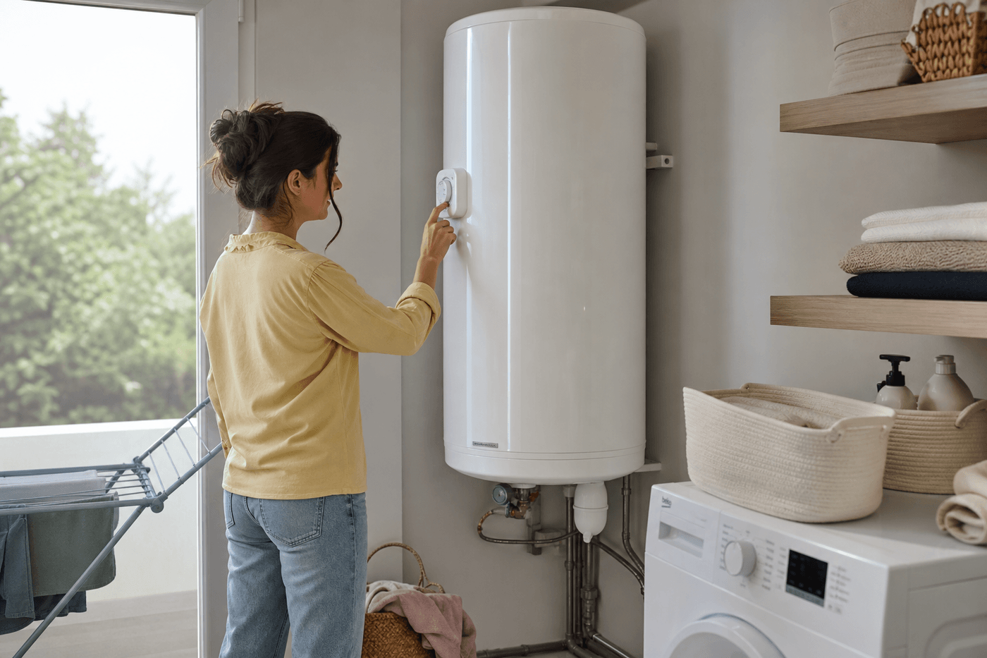 Chauffe-eau électrique blanc installé dans un cellier, avec une personne vérifiant le thermostat sur le côté