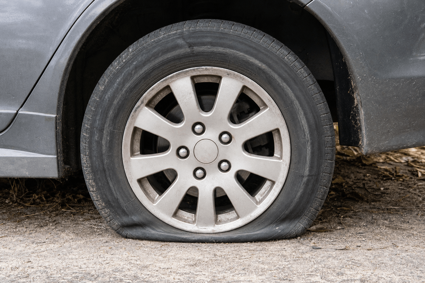 Pneu de voiture complètement dégonflé et affaissé sur le bitume, bord de route