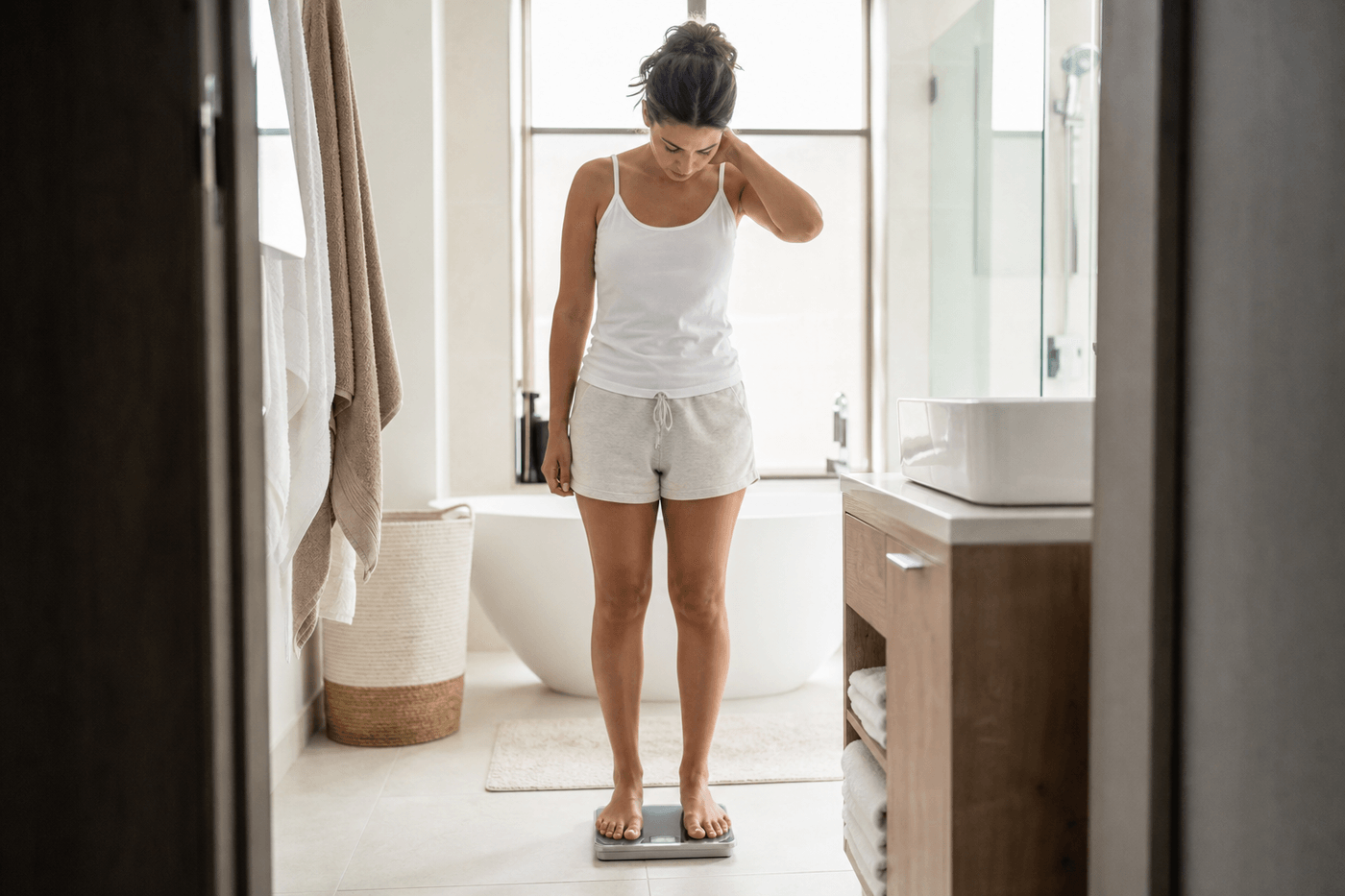 Une personne se pèse sur une balance dans une salle de bain lumineuse, le matin