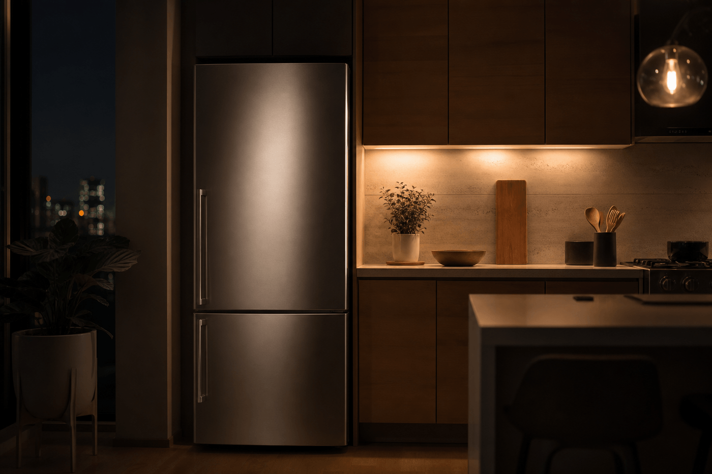 Un réfrigérateur inox dans une cuisine moderne éclairée la nuit