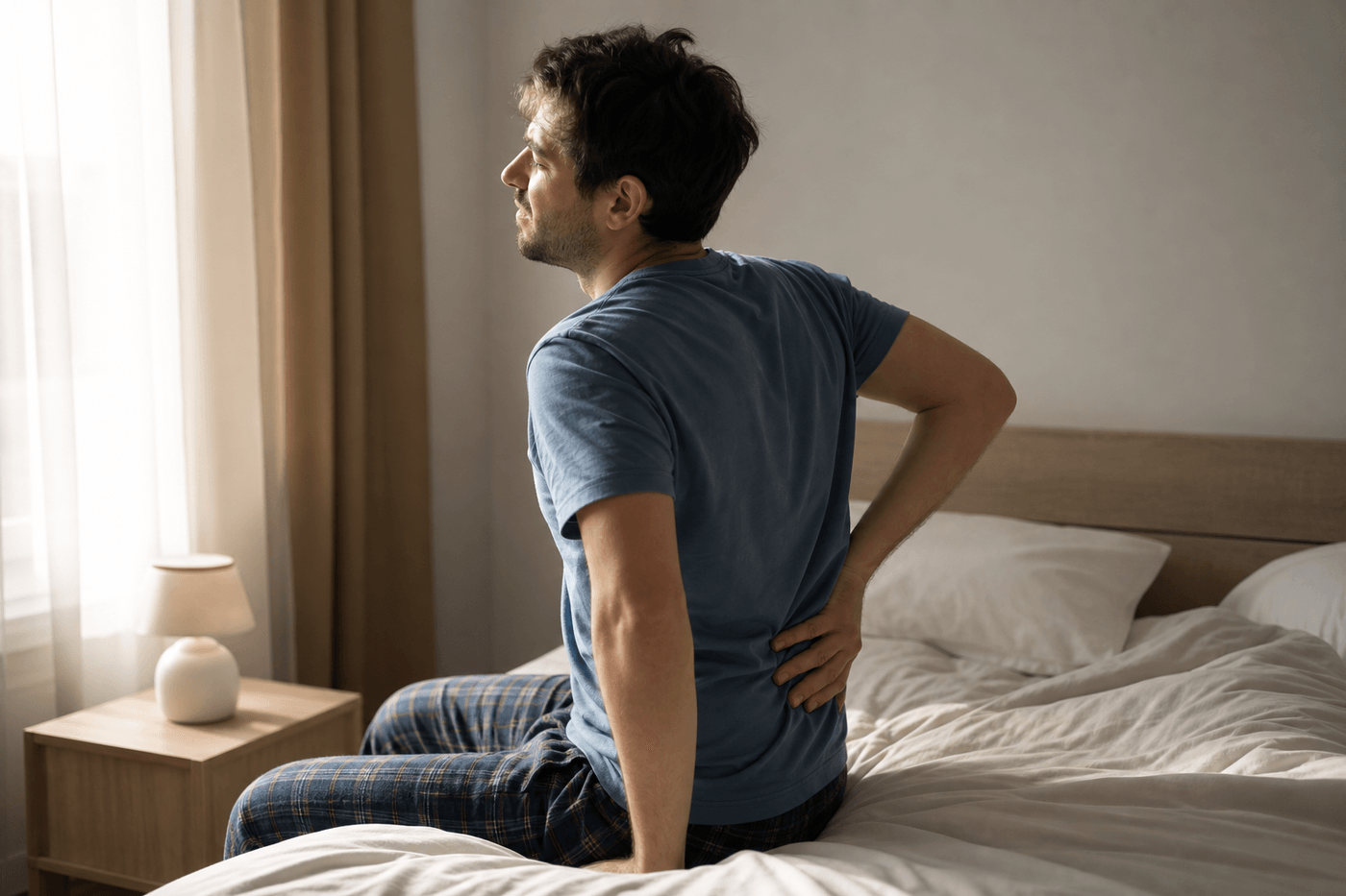 Une personne assise au bord du lit le matin, la main posée sur le bas du dos