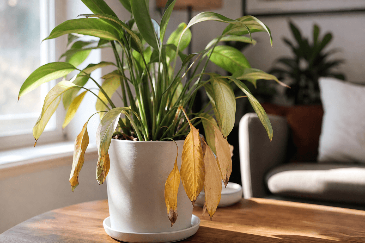 Gros plan sur une plante d'intérieur en pot dont les feuilles du bas sont jaunies, près d'une fenêtre lumineuse