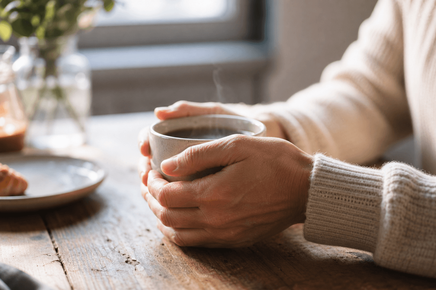 Gros plan sur des mains légèrement tremblantes tenant une tasse de café