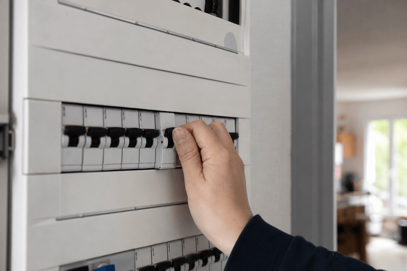 Tableau électrique domestique avec des disjoncteurs, une main réenclenche un interrupteur