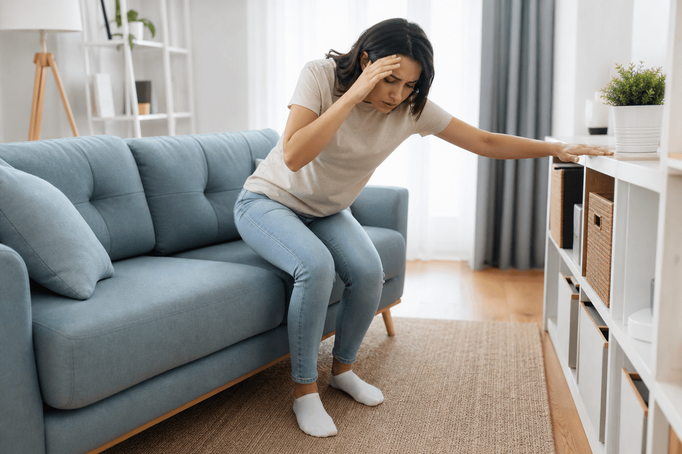 Une personne qui se tient au dossier d'une chaise, main sur le front, après s'être levée trop rapidement