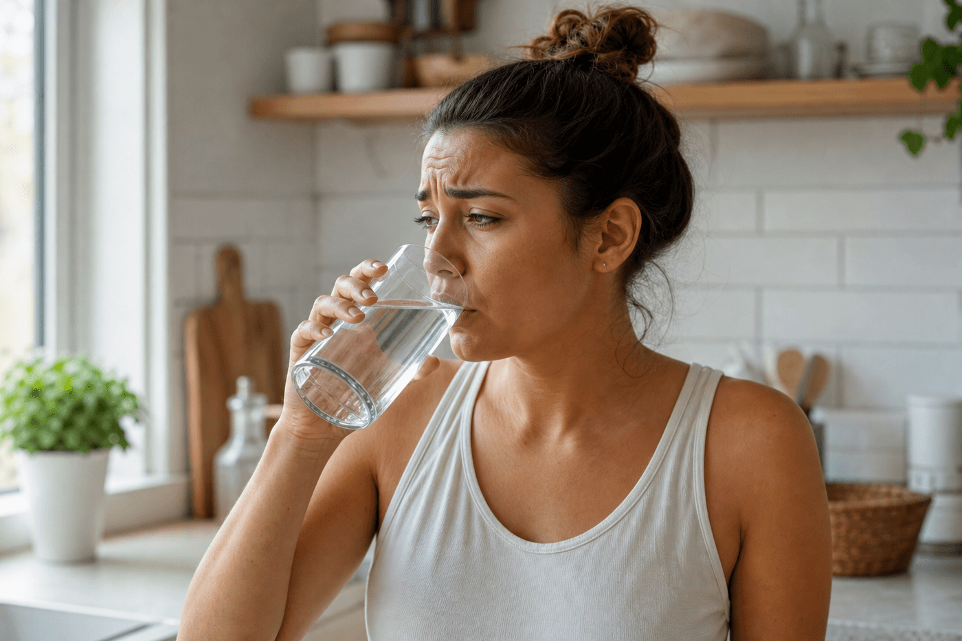 Une personne boit un verre d'eau pour tenter de faire passer le hoquet