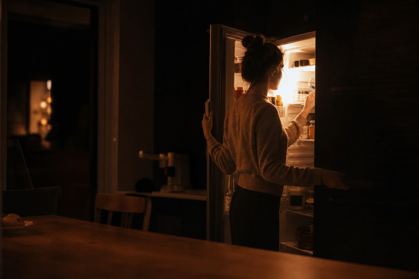 Une personne ouvre le réfrigérateur tard le soir dans une cuisine faiblement éclairée à la recherche d'un encas