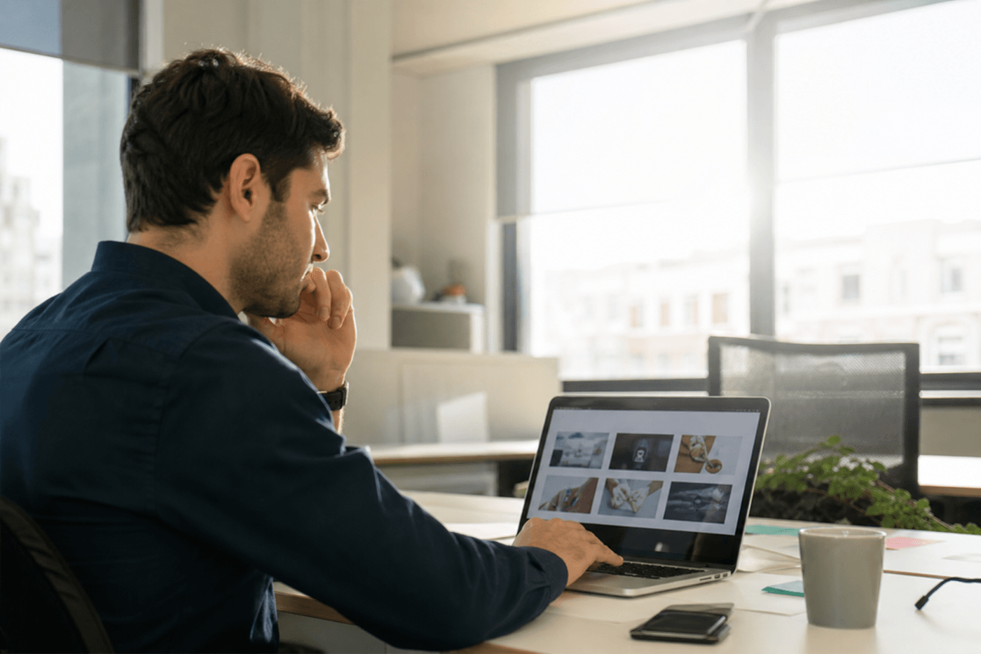 Un actif consulte une plateforme de formation professionnelle sur son ordinateur portable dans un bureau lumineux