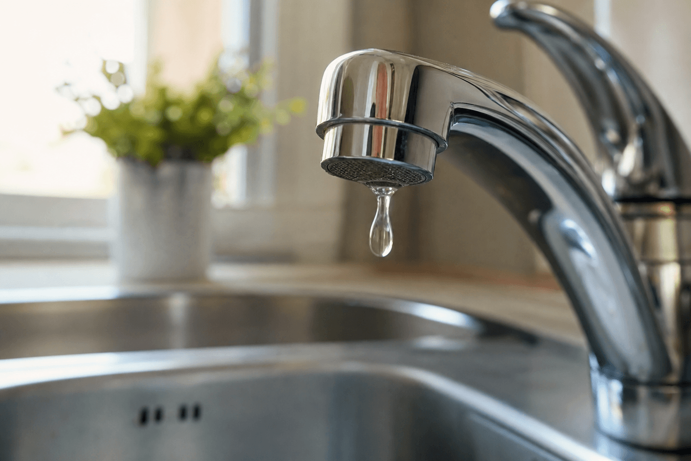 Gros plan sur un robinet de cuisine qui goutte, avec une goutte d'eau suspendue au bec