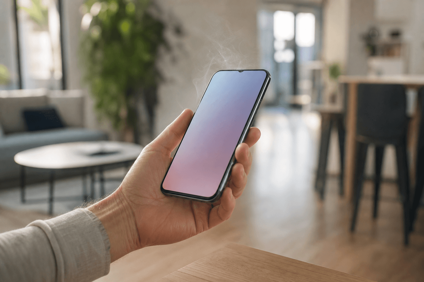 Main tenant un smartphone dont l'écran affiche un indicateur de température élevée, dans un intérieur lumineux