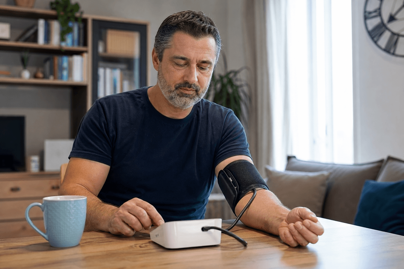 Personne mesurant sa tension artérielle à domicile avec un tensiomètre électronique au bras, assise à une table