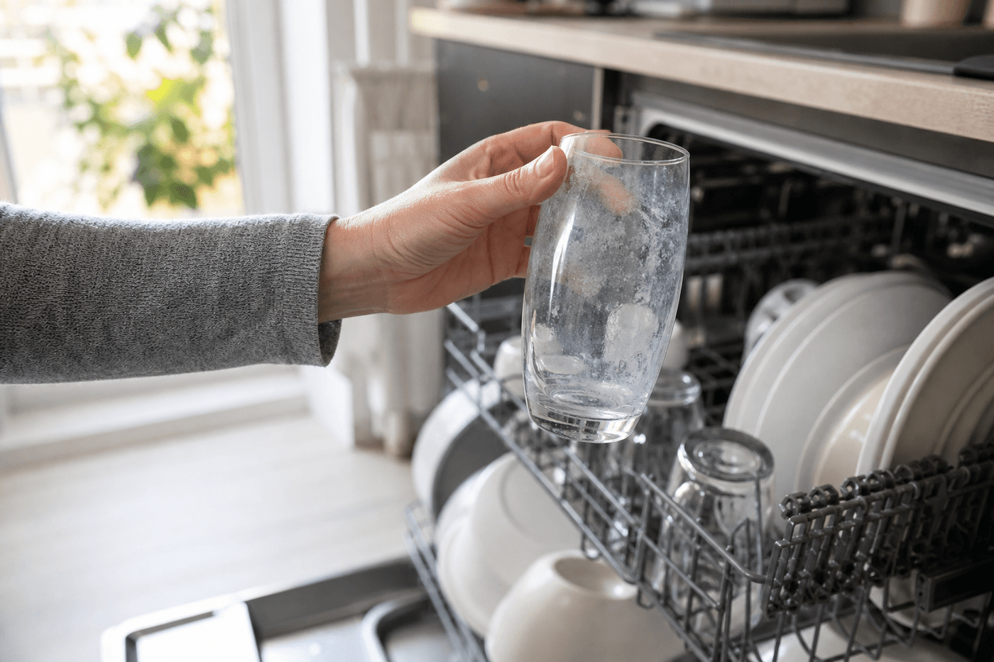 Main sortant un verre voilé de traces blanches d’un lave-vaisselle ouvert