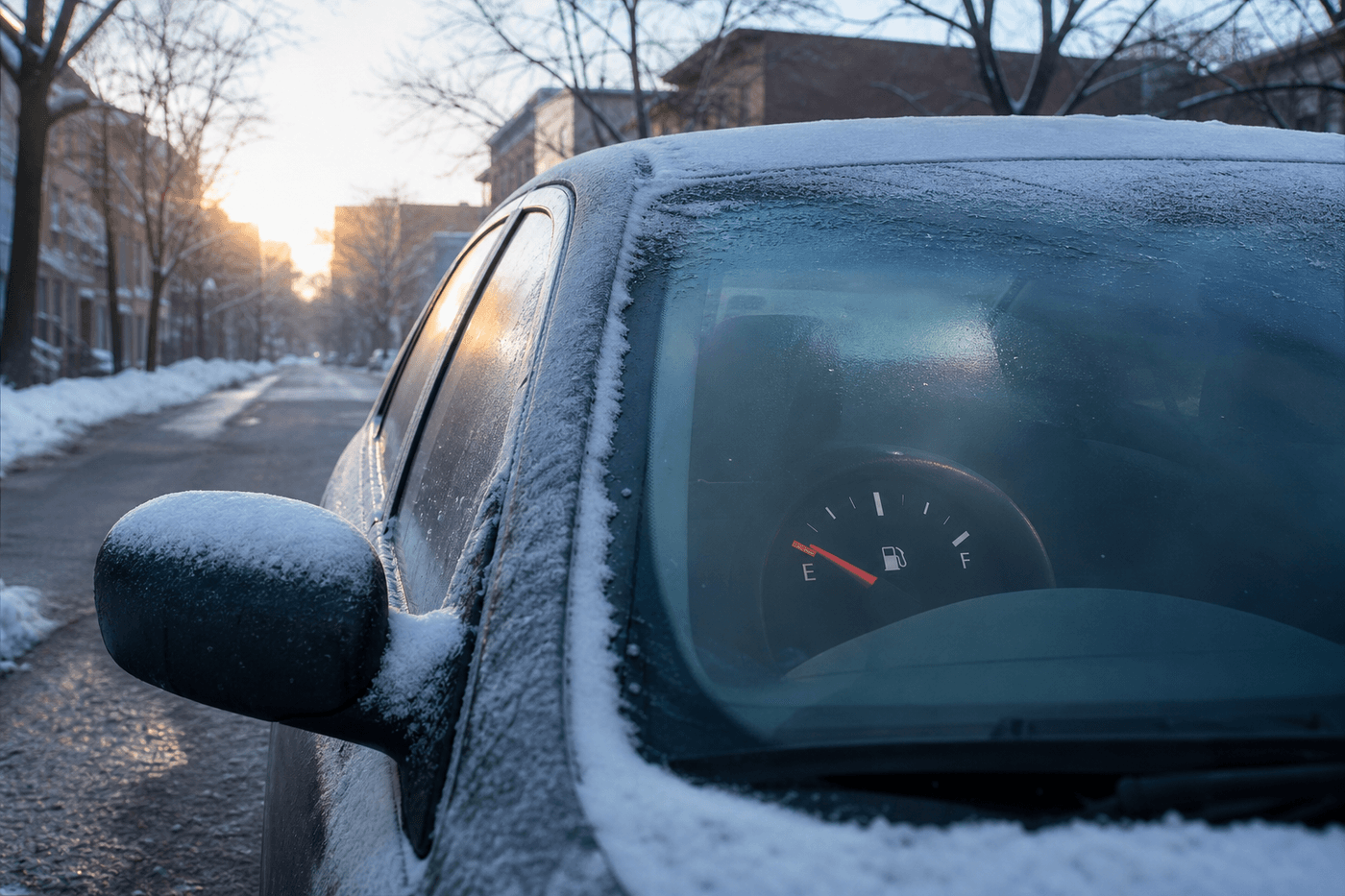 Voiture garée dans une rue enneigée un matin froid, pare-brise légèrement givré