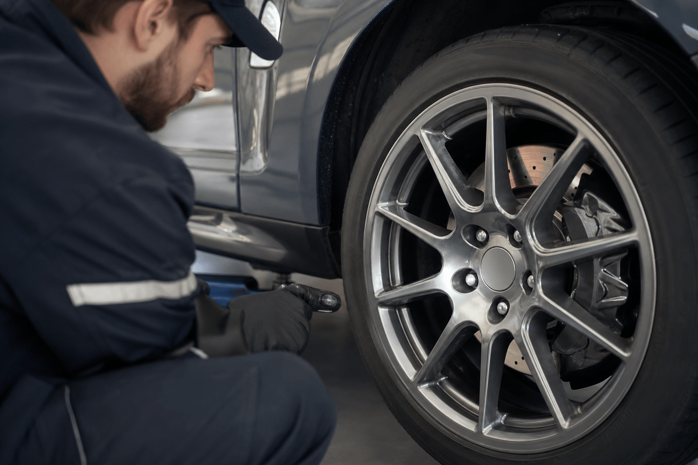 Gros plan sur l'étrier et le disque de frein d'une roue de voiture inspectés par un mécanicien dans un garage